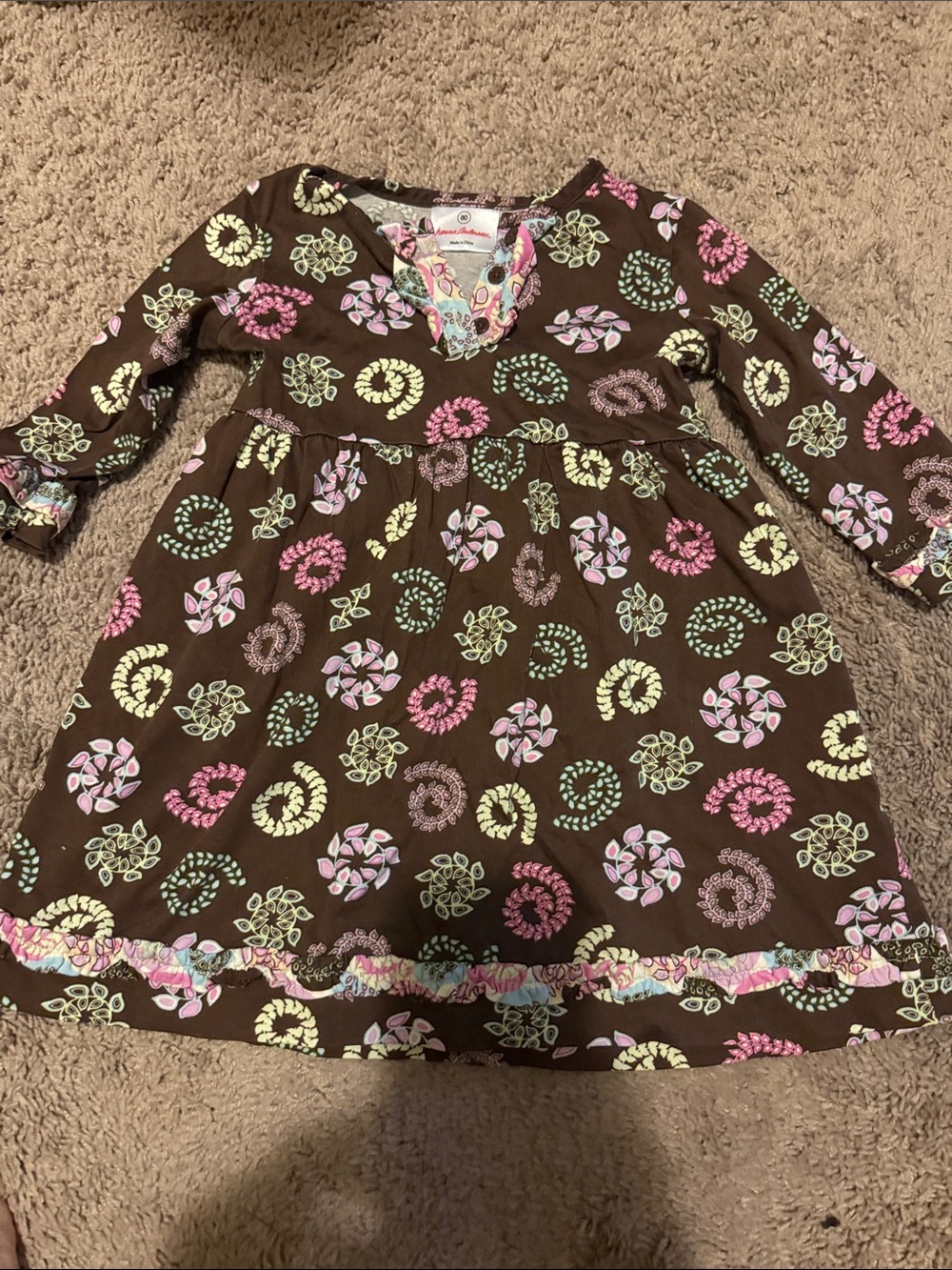 Hanna Anderson 18-24 mo Girls Brown Floral Print Long Sleeve Dress